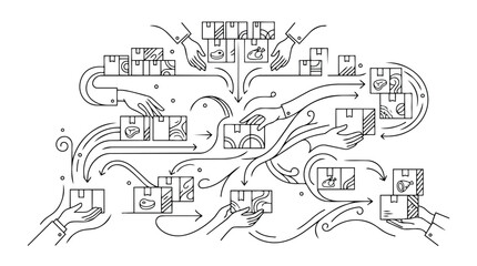 Naklejka premium Abstract Illustration of Hands Sorting and Distributing Boxes with Food Icons Representing Logistics and Supply Chain Management