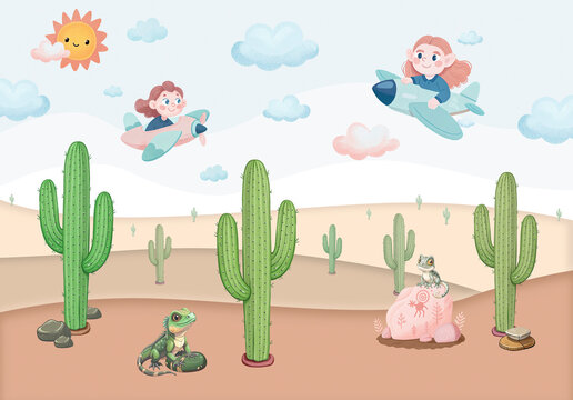 Cute cartoon illustration of children flying on airplanes over a desert with tall cacti and playful lizards. Bright and whimsical artwork ideal for kids&rsquo; books, educational materials, wall art, or nur