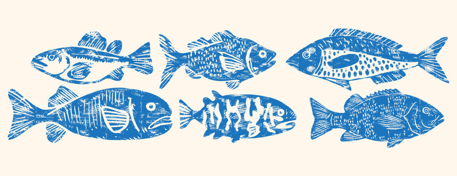 blue linocut fish illustrations in grunge ink stamp style, nautical Mediterranean folk art vector set on cream background
