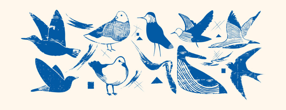 collection of blue bird silhouettes in a textured linocut style, featuring vintage woodcut illustrations and organic handdrawn shapes for modern graphic design