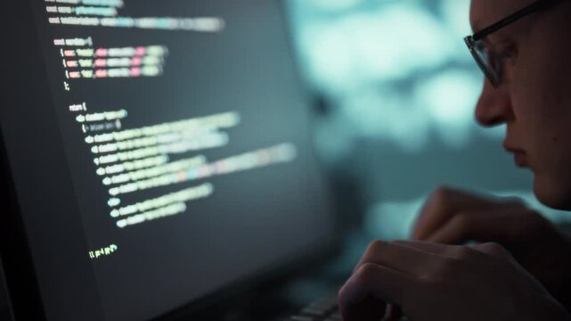 A computer glowing in a dim night studio streams code as a glasses-wearing programmer commands artificial intelligence, rapidly generating lines that showcase speed and efficiency in development