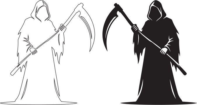 Grim Reaper icons, death symbols, vector illustrations, black and white