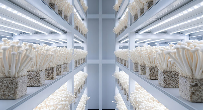 Modern indoor vertical farm cultivating rows of fresh enoki mushrooms under bright LED grow lights.