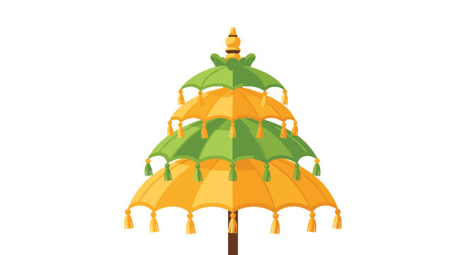 A traditional Balinese ceremonial umbrella with multiple tiered layers of green and yellow fabric features hanging golden tassels and a prominent carved wooden finial.