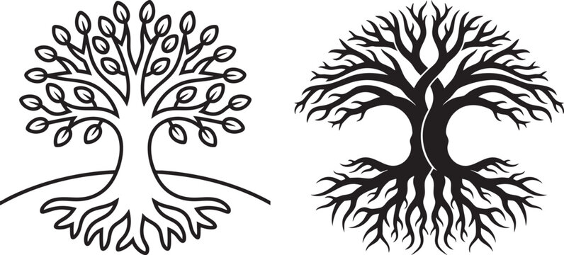 Tree of life vector icons set, minimalist black and white nature symbols with roots and branches, organic oak tree silhouettes for logo design