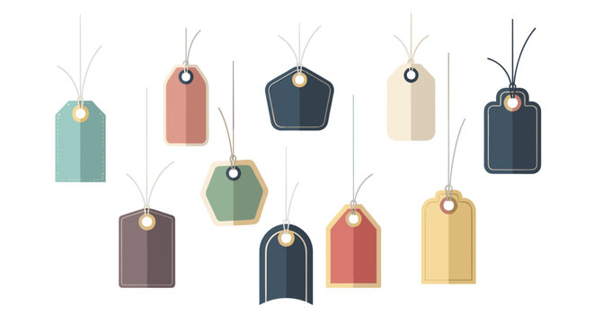 Twelve assorted retail price tags in diverse geometric shapes and muted colors are suspended from thin white strings against a neutral light background.