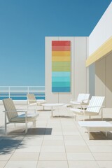 Obraz premium Terrace with white furniture and a vertical rainbow banner on the wall overlooking the sea. Modern architecture and outdoor lounge space concept for travel and relaxation at vacation.