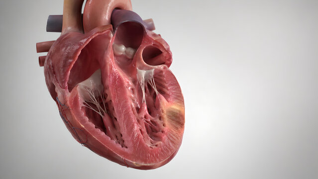 Cutaway human heart, chambers, myocardium, coronary vessels, focal highlight in left ventricular wall, localized myocardial injury, ischemia