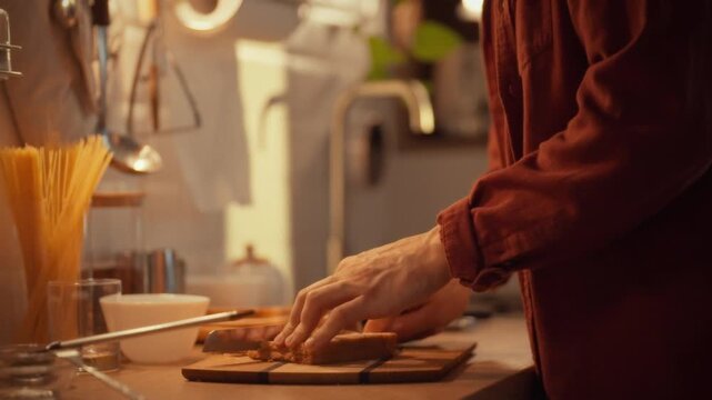 A man skillfully slices toasted bread into uniform croutons using a sharp knife on a kitchen table, preparing a key ingredient for a meal amidst a breakfast setting with a toaster nearby