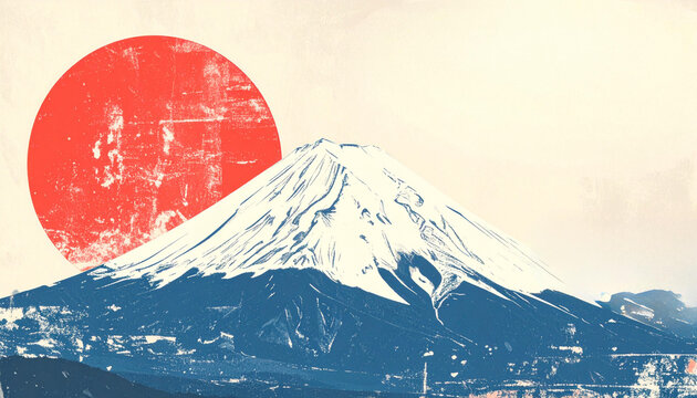 富士山と日の出の浮世絵風、和モダンイラスト