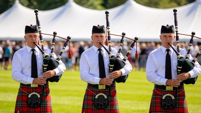 Three men playing bagpipes in kilts