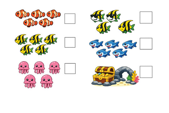 Colorful cartoon sea creatures and treasure