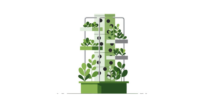 Vertical Hydroponic Garden System with Green Plants - Flat Design Illustration