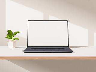 Fototapeta premium A sleek modern laptop sits on a clean desk with a small potted plant beside it in a bright room.