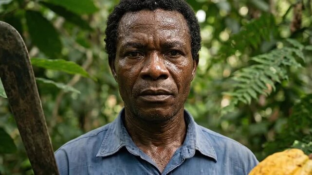 A serious man holds a machete and a piece of fruit in a forest setting. The man has a focused gaze, the details of the surrounding forest frame his face