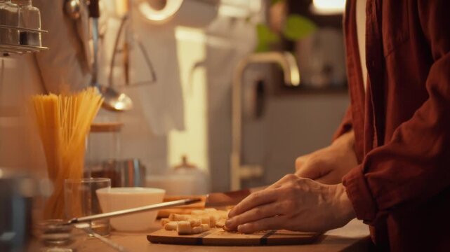 A man's skilled hand wields a sharp knife to cut toasted bread on a kitchen table, preparing homemade croutons for a wholesome breakfast or a satisfying snack