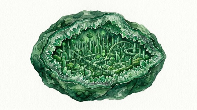 Emerald geode illustration, a fantasy crystal cave with a vibrant green mineral landscape. Mystical underground world, a magical cavern scene, perfect for nature, geology, or fantasy themes.