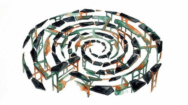 Abstract spiral maze illustration, a complex labyrinth design with dark green and brown watercolor textures, intricate puzzle concept for problem-solving and challenge visuals.