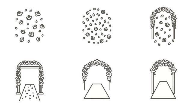 Wedding Archway Decor: A set of delicate line art illustrations showcases a wedding archway adorned with flowers, alongside complementary floral arrangements.