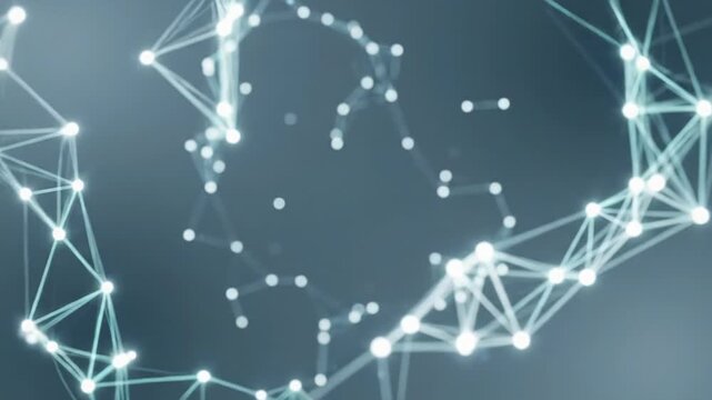 A wide video reveals a mesmerizing, futuristic 3D digital network with self-illuminated white and cyan lines, pulsating data flow, against a deep grey void. Futuristic digital network concept