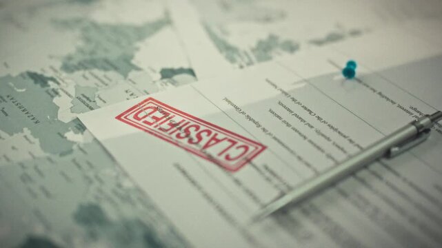 A red confidentiality stamp is visible on documents spread across a table, accompanied by a world map marked with colorful pins and coordinates, aiding in navigation and strategic planning