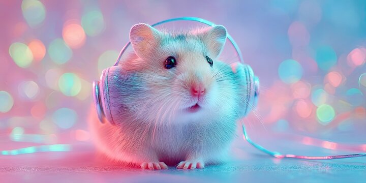 A hamster with headphones on a plain background, abstract, panoramic background.