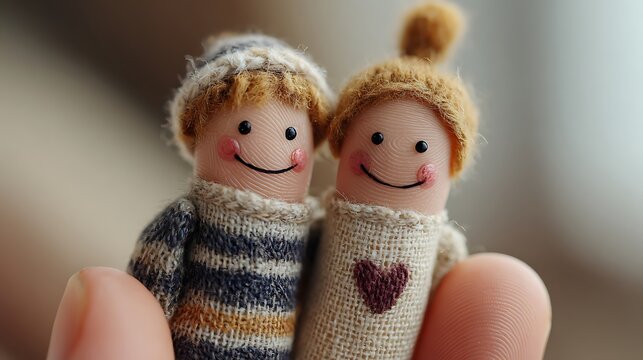 Close up of two finger puppets with smiling faces wearing knitted sweaters and winter hats