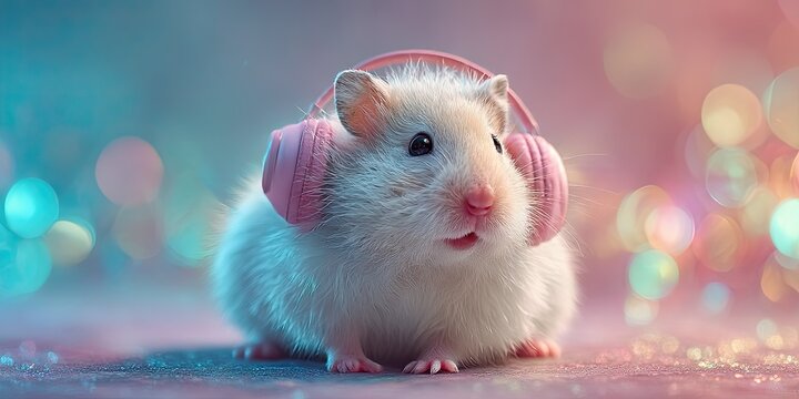 A hamster with headphones on a plain background, abstract, panoramic background.