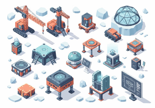 Isometric futuristic construction elements and buildings for sci-fi game design.
