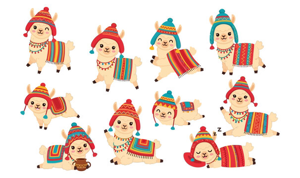 Charming collection of vector graphic llamas illustration, adorned with traditional Andean chullos and vibrant blankets, in diverse playful actions.