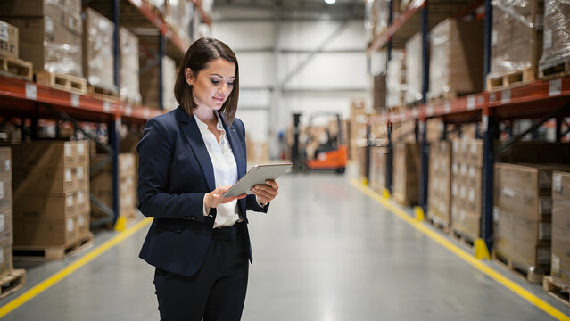 Businesswoman reviewing checklist in front of organized warehouse shelves, concept of supply chain optimization, efficiency improvement and operational resilience, realistic industrial environment