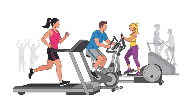 People Exercising on Treadmill, Elliptical, and Stair Climber in Gym