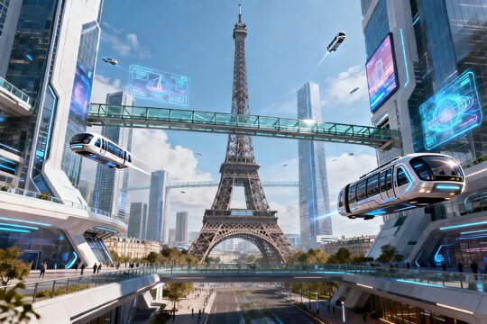Futuristic Paris city landscape with flying vehicles and high tech skyscrapers representing future transport