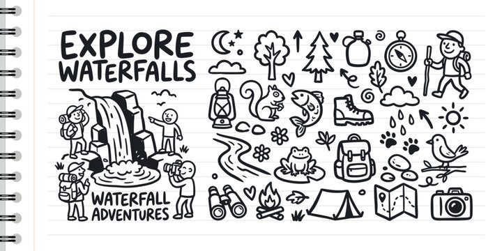 Hand drawn hiking camping and waterfall adventure doodle icon set on notebook paper