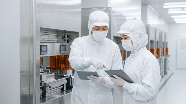 日本人の製造業エンジニアである30代男女が半導体工場のクリーンルームでDX化された製造装置の点検とタブレット入力をする様子、精密機器が並ぶ工場背景と防塵服姿