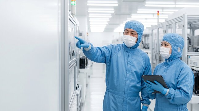 日本人の20代から40代の男女が青い防塵服を着用し半導体工場の製造ラインでDX化された設備の点検作業をする様子、クリーンルーム内でタブレットを持ち指差し確認をする光景