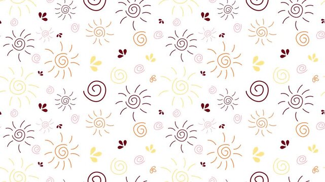 Colorful suns, swirls, and leaves scrolling on a white background. Seamless looping animation of a cute, hand drawn pattern.  Ideal for summer, vacation,  kids content, or cheerful projects.
