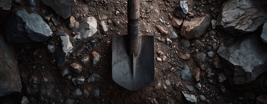 Shovel and Stones: An overhead view of a sturdy shovel, its metal blade gleaming, lies nestled amongst a bed of rough stones. The image evokes a sense of manual labor and the rawness of the earth.