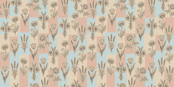 Vintage Botanical Floral Seamless Pattern on Pastel Geometric Block Background