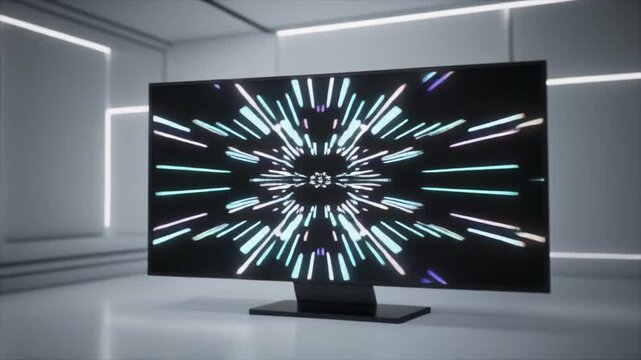 Modern TV displaying abstract light tunnel animation in minimalist room