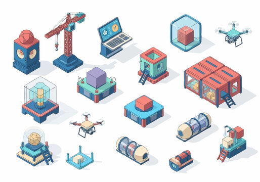 Isometric icons representing futuristic technology, construction, and innovation with drones and abstract elements.