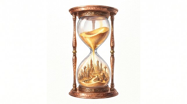 Fantasy hourglass illustration, magical sand timer with golden city landscape inside, ancient time measurement device, mystical concept art for storytelling and history.