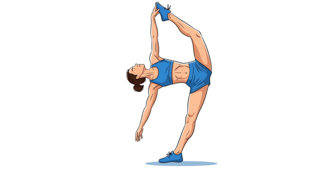 Flexible gymnast woman in blue sportswear performing a challenging split leap with arched back and raised leg