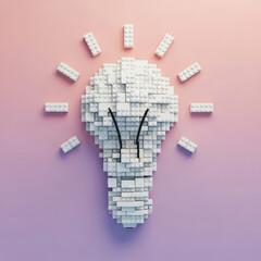 Naklejka premium A creative lightbulb made of white Lego bricks on a pink background