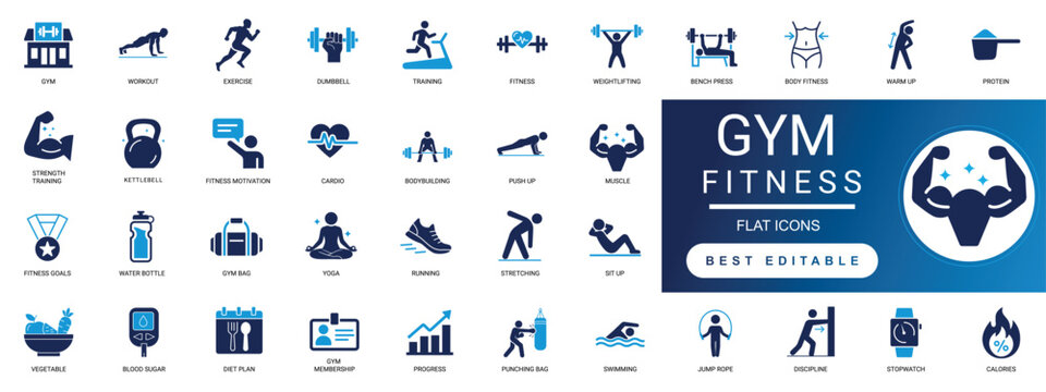 gym fitness solid icon set. workout, exercise, weight, loss, bodybuilding, athlete, equipment, protein, training, health, wellness, muscle, lifestyle. editable vector illustration.