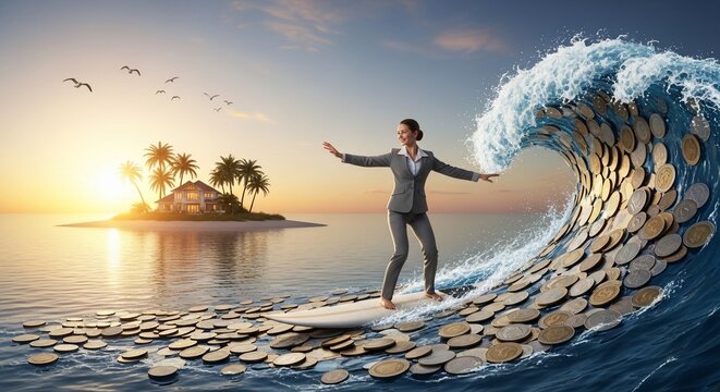 Woman surfing currency wave financial success
