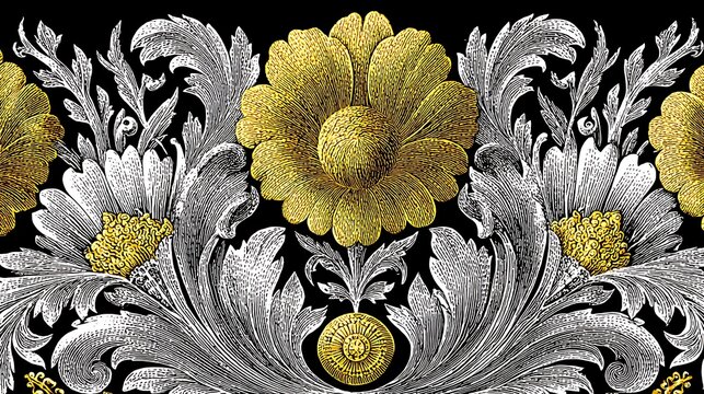 Decorative border with golden flowers and silver acanthus leaves on a solid black background