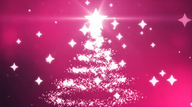 Enchanting wide video of a Christmas tree outline, luminous white spiral, brilliant star, sparkling white stars on rose pink to light fuchsia gradient. Magical festive ambiance