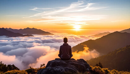 Obraz premium Mountain sunrise, cloud sea, meditating person, silhouette, rock, horizon, sky