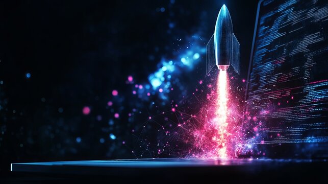 A futuristic rocket launching with bright neon colors against a dark sky in a modern cityscape